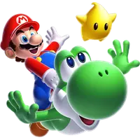 super mario flying in the air on yoshis back with a little star next to them